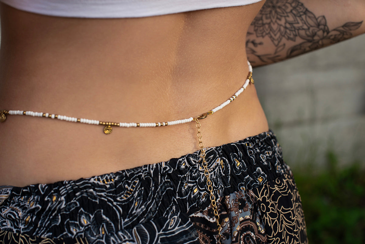 Belly chain with white beads and brass spirals, hip chain, belly jewelry