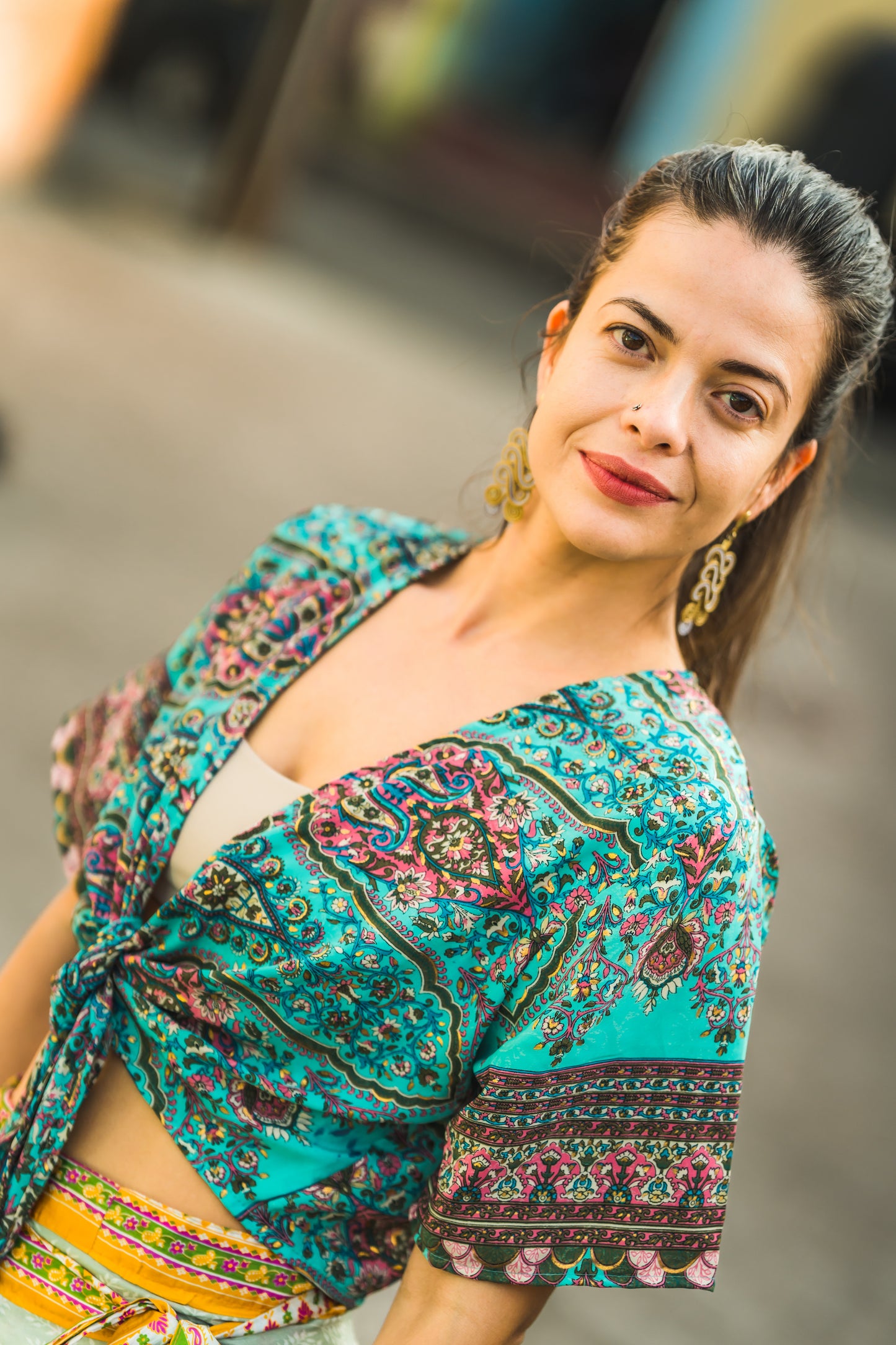 kurzer Kimono zum Binden, Bluse, Sommerbluse, Überwurf, türkis bunt gemustert