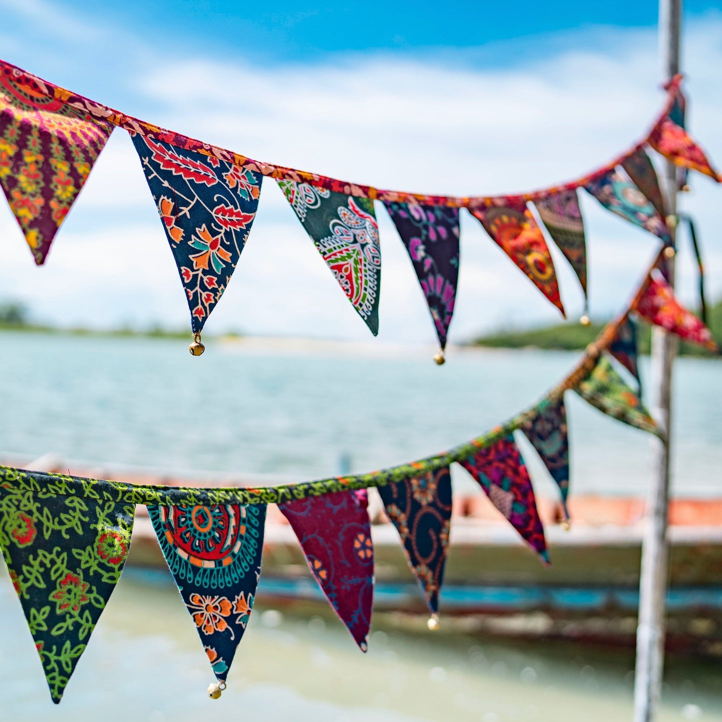 Bunting made of colorful flags with bells