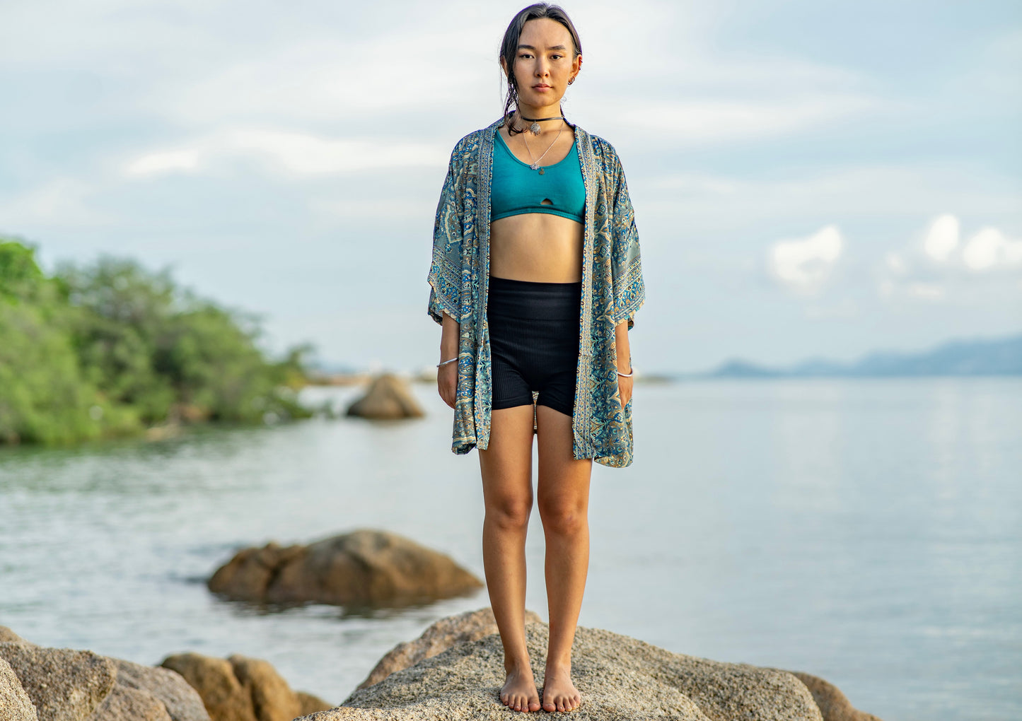 blue patterned kimono, blouse, cover-up, light jacket