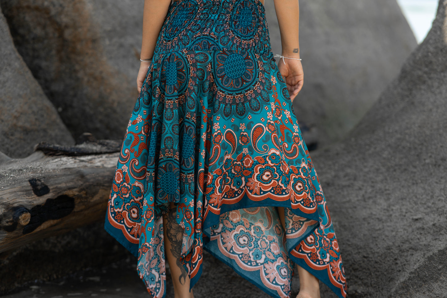türkis orange gemusterter Rock mit Fransen, Sommerkleid, Elfenkleid, Zipfelrock, Fransenrock