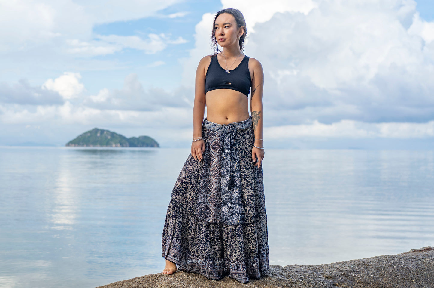 long patterned patchwork skirt in black and white beige tones
