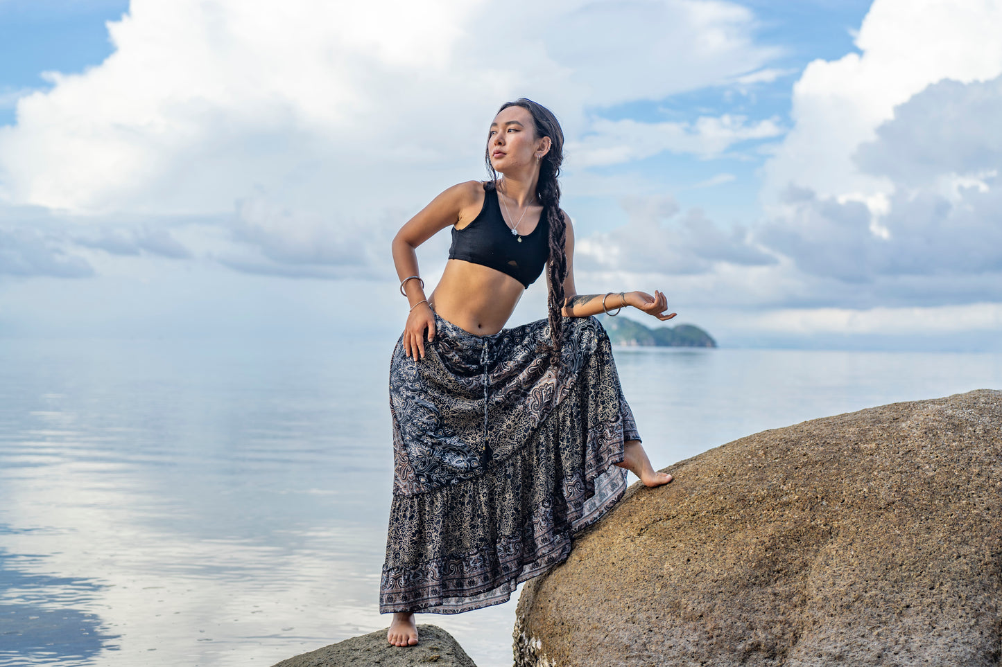 long patterned patchwork skirt in black and white beige tones