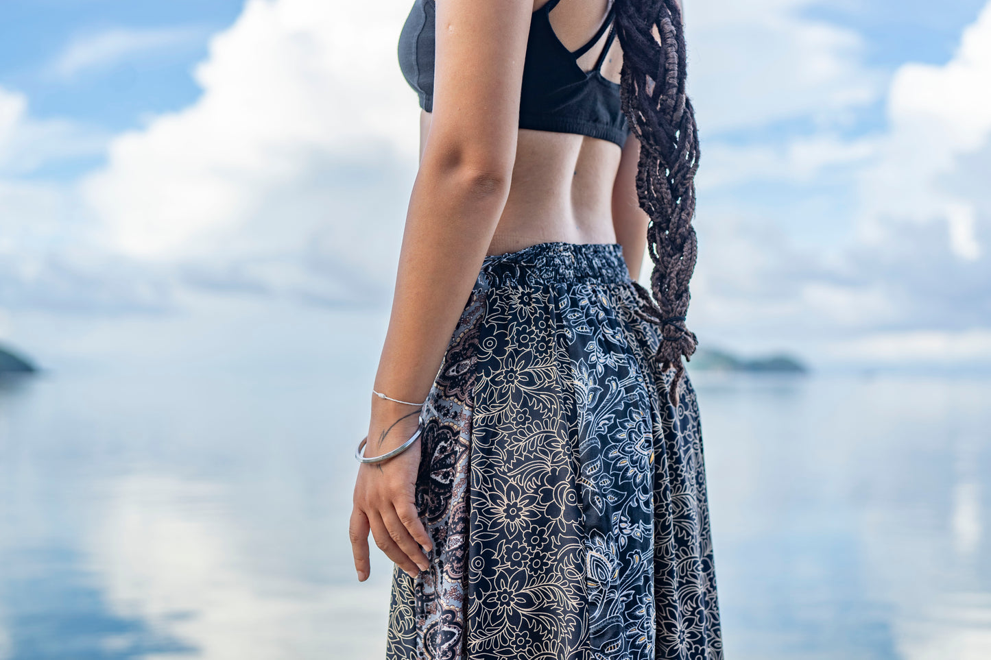 long patterned patchwork skirt in black and white beige tones