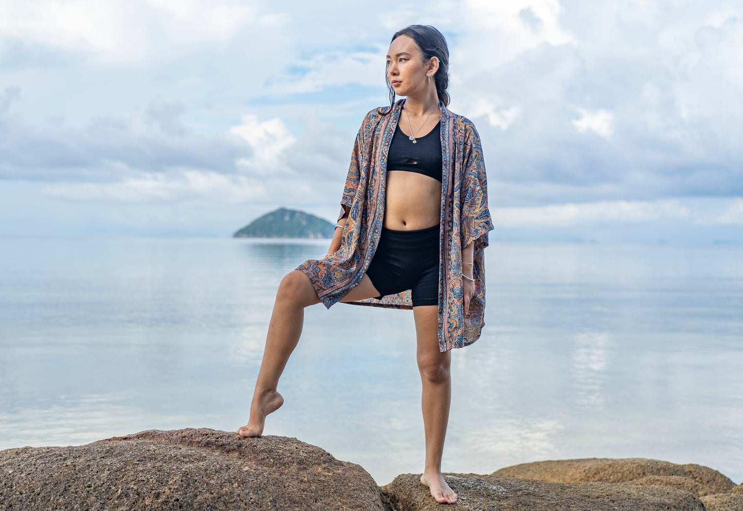 blue orange patterned kimono, blouse, cover-up, light jacket