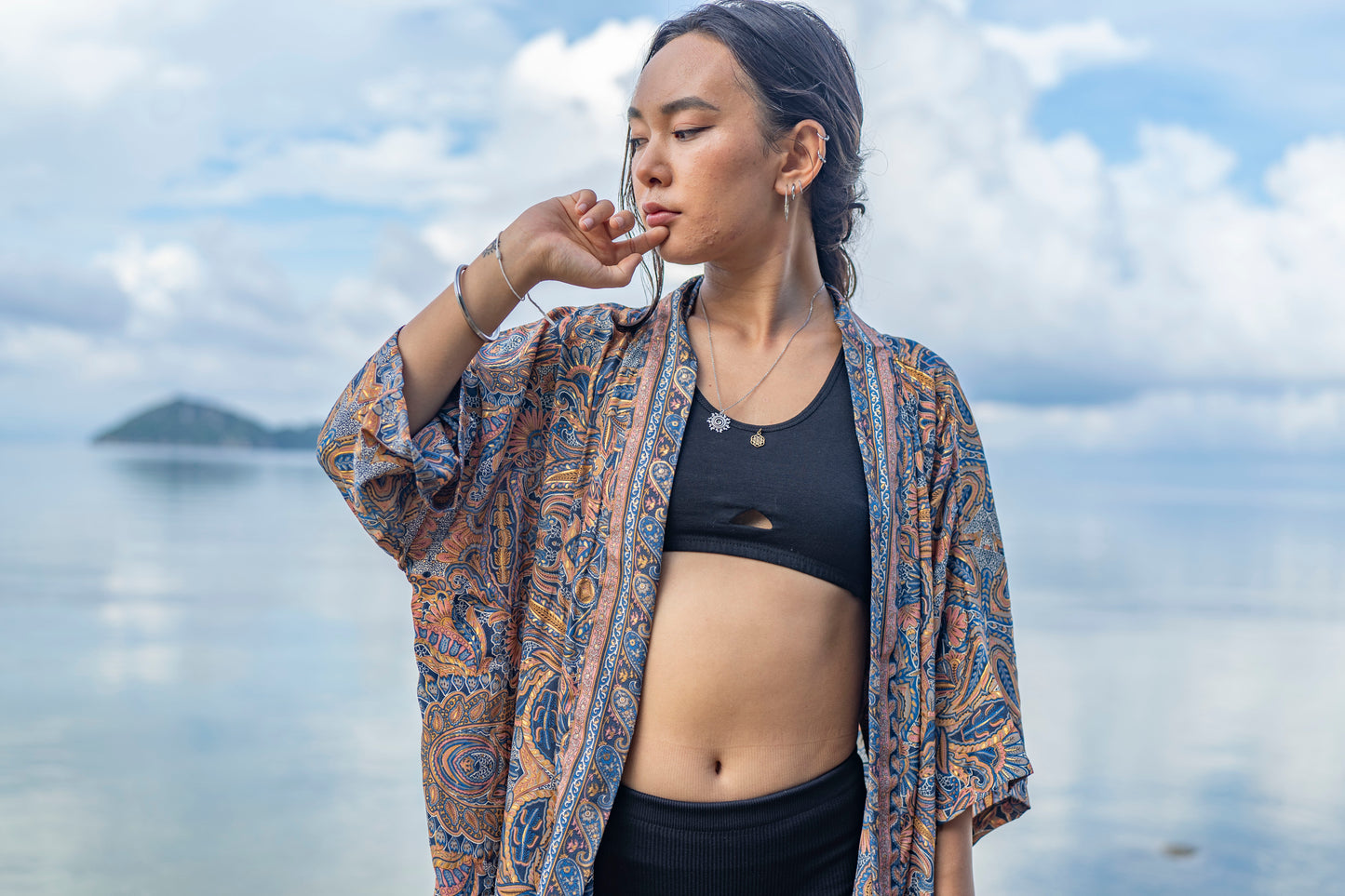 blue orange patterned kimono, blouse, cover-up, light jacket
