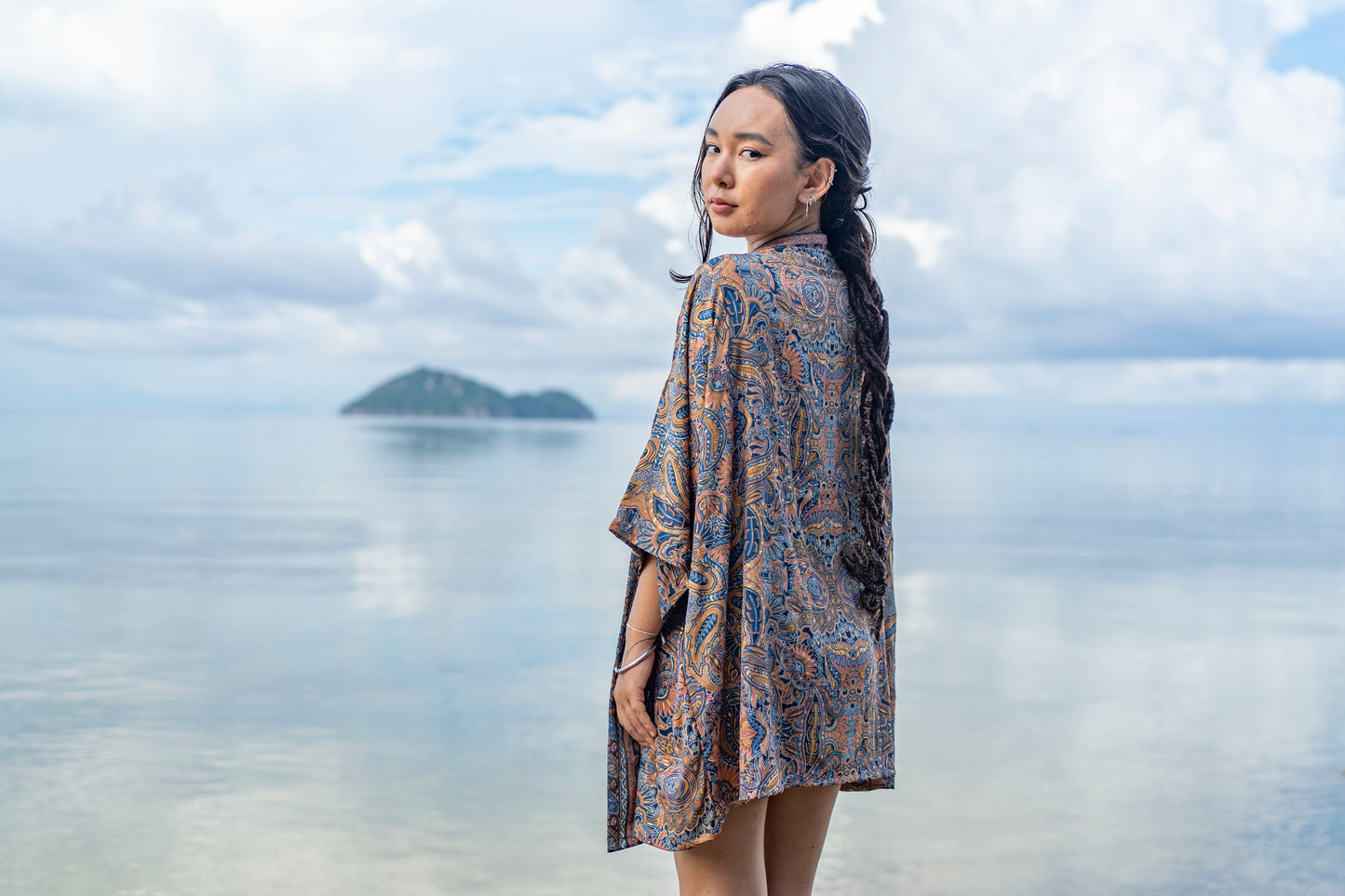 blue orange patterned kimono, blouse, cover-up, light jacket