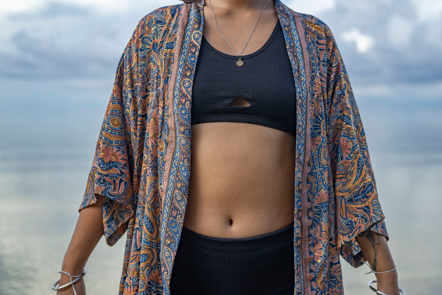 blue orange patterned kimono, blouse, cover-up, light jacket