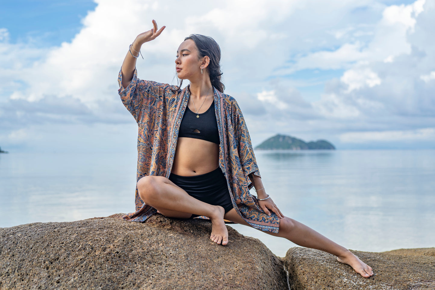 blue orange patterned kimono, blouse, cover-up, light jacket