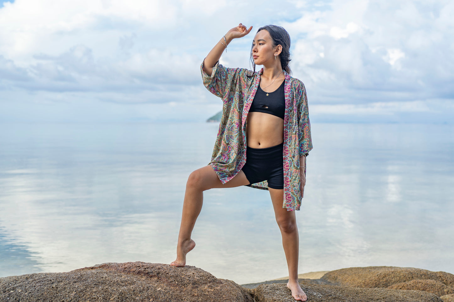 colorful patterned kimono, blouse, throw, light jacket in green, pink and light blue
