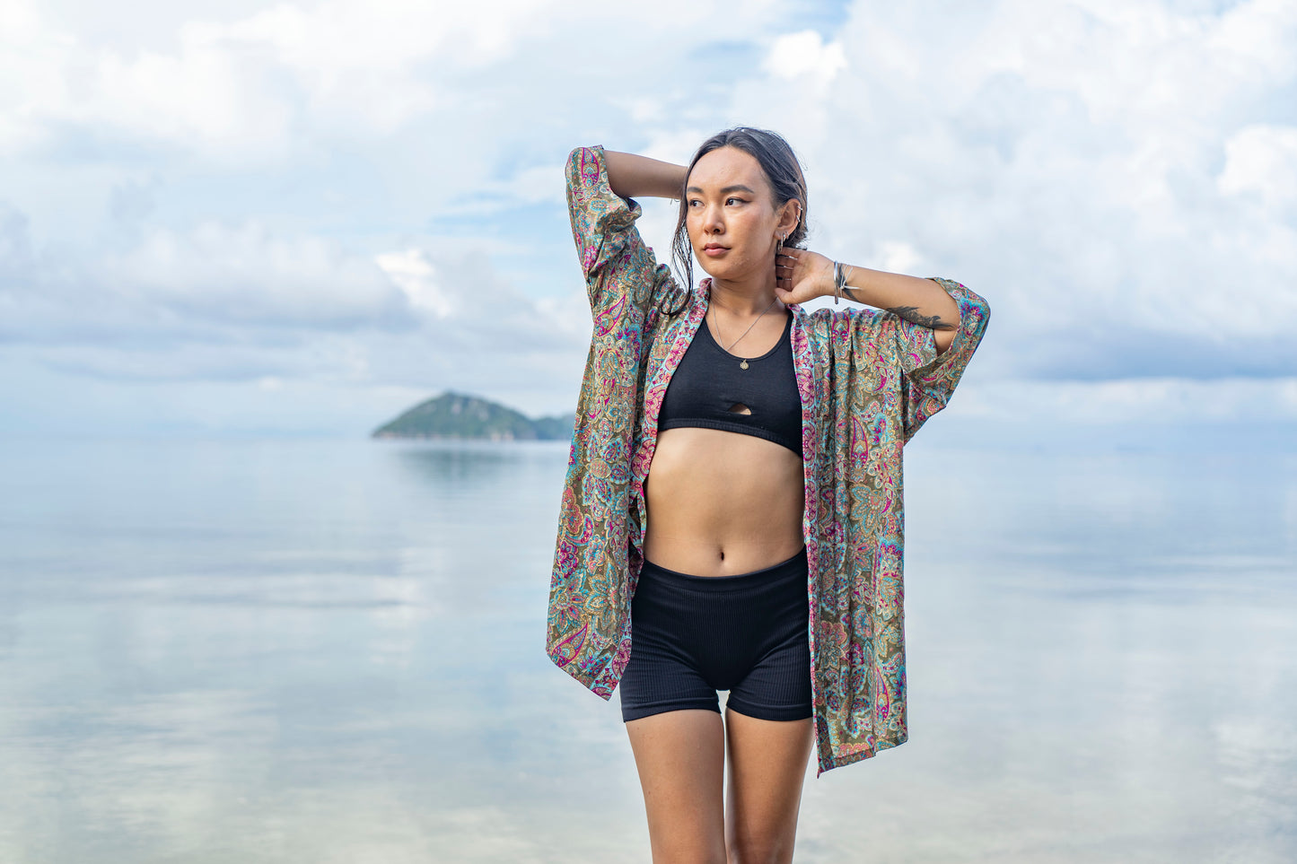 colorful patterned kimono, blouse, throw, light jacket in green, pink and light blue