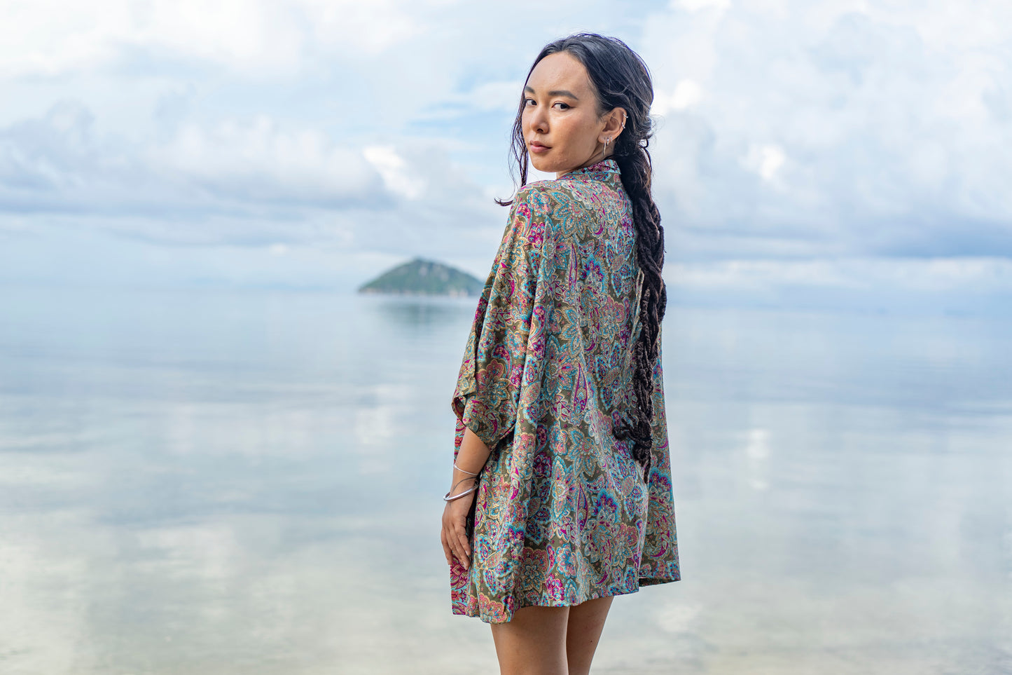colorful patterned kimono, blouse, throw, light jacket in green, pink and light blue