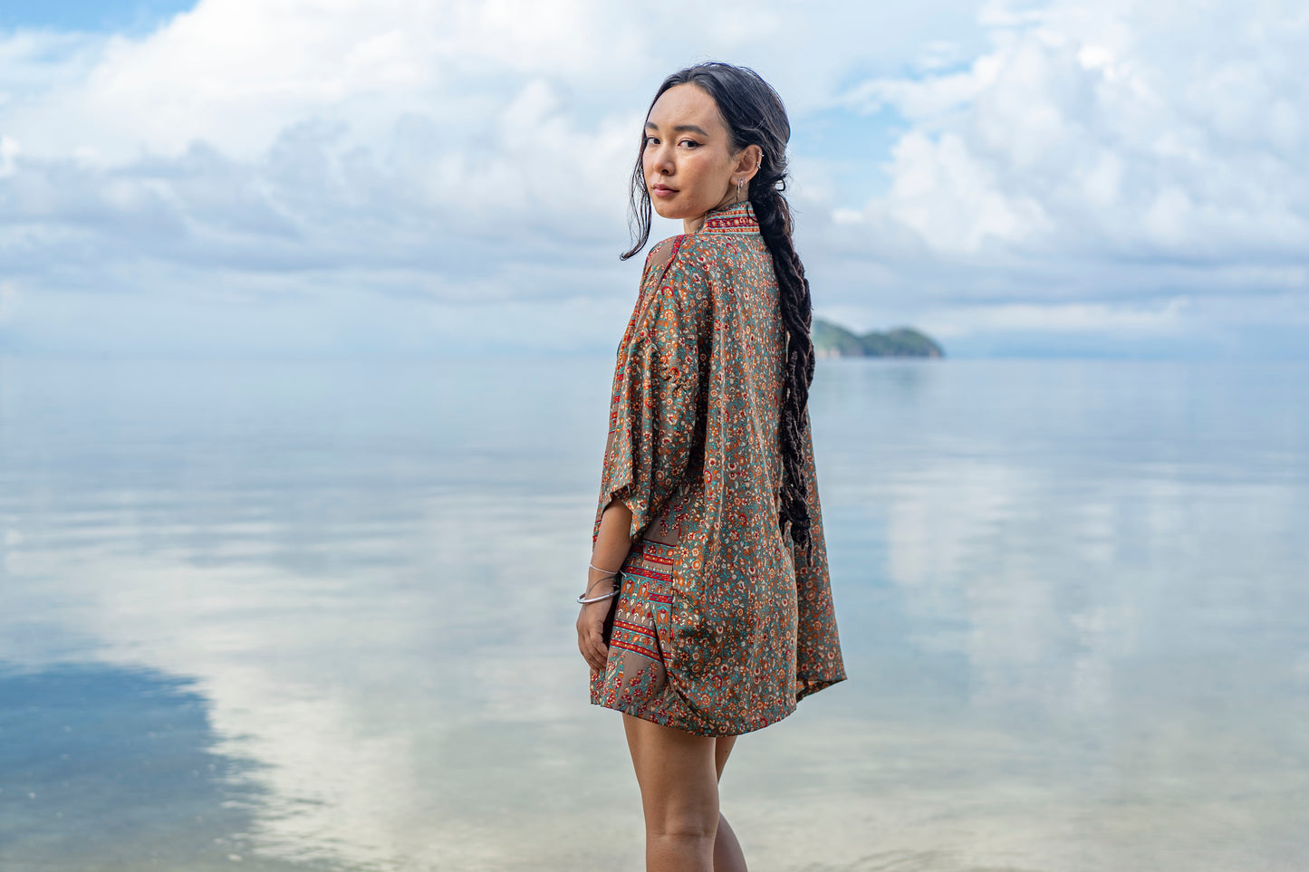 Colorful patterned kimono, blouse, throw, light jacket in brown, red, orange, turquoise