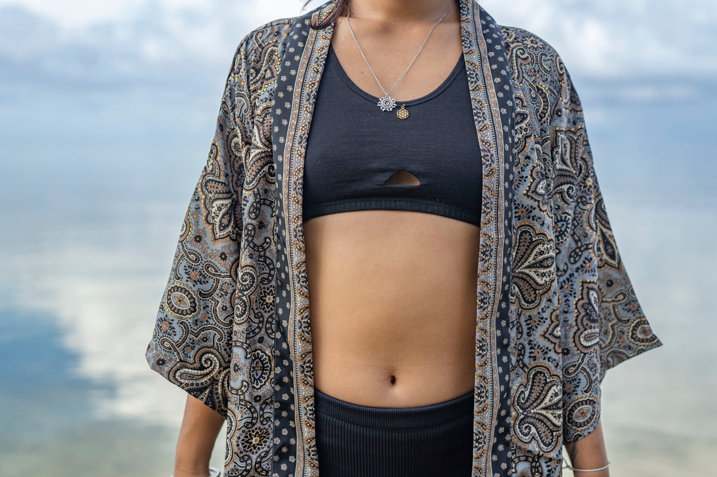 black gray beige gold patterned kimono, blouse, cover-up, light jacket