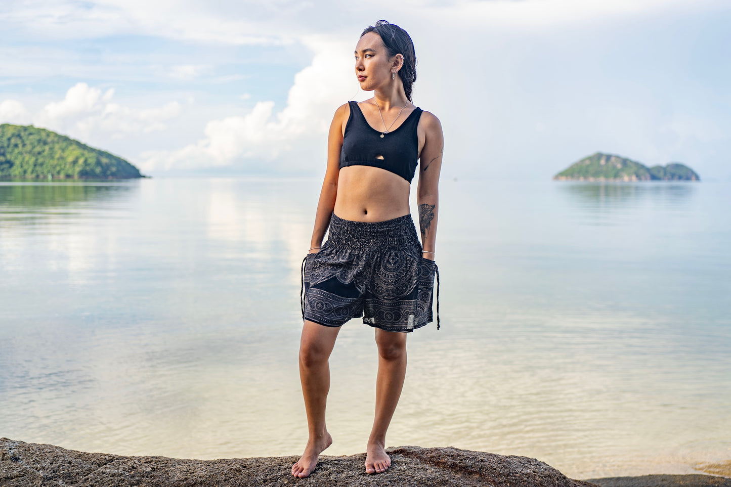Airy, light summer shorts with a mandala pattern in black