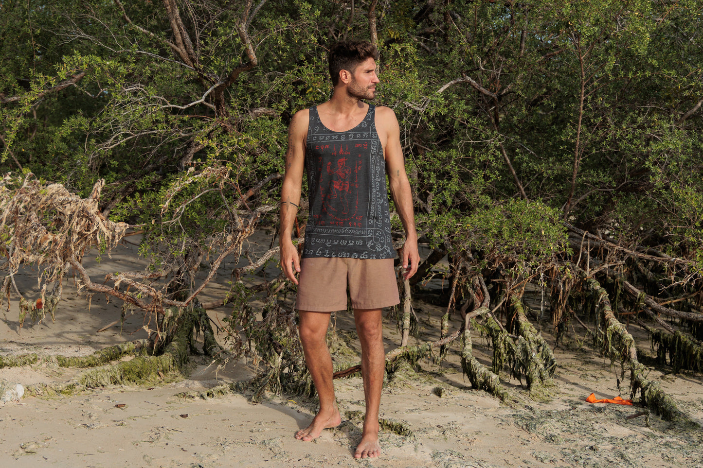 Patterned Sak Yant tank top for men in gray