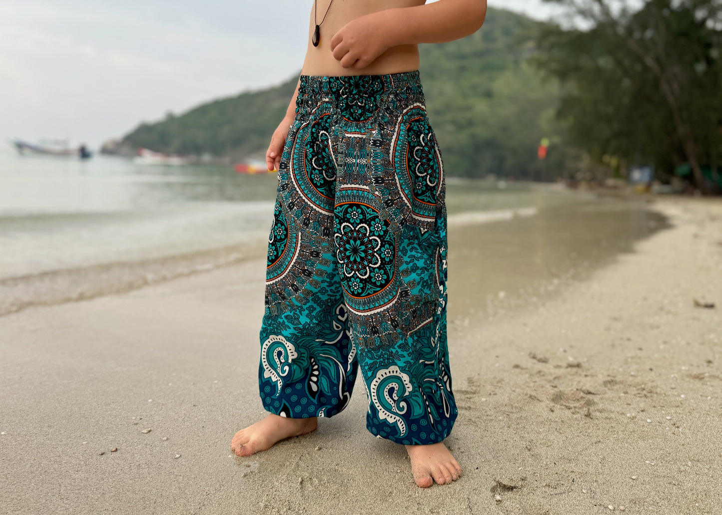 blue pink patterned harem pants for children