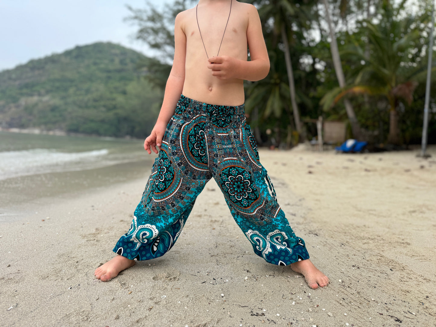 blue pink patterned harem pants for children