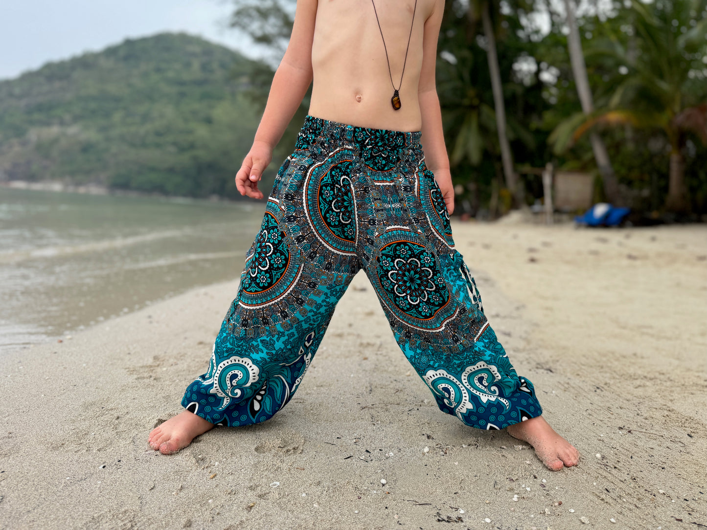 blue pink patterned harem pants for children
