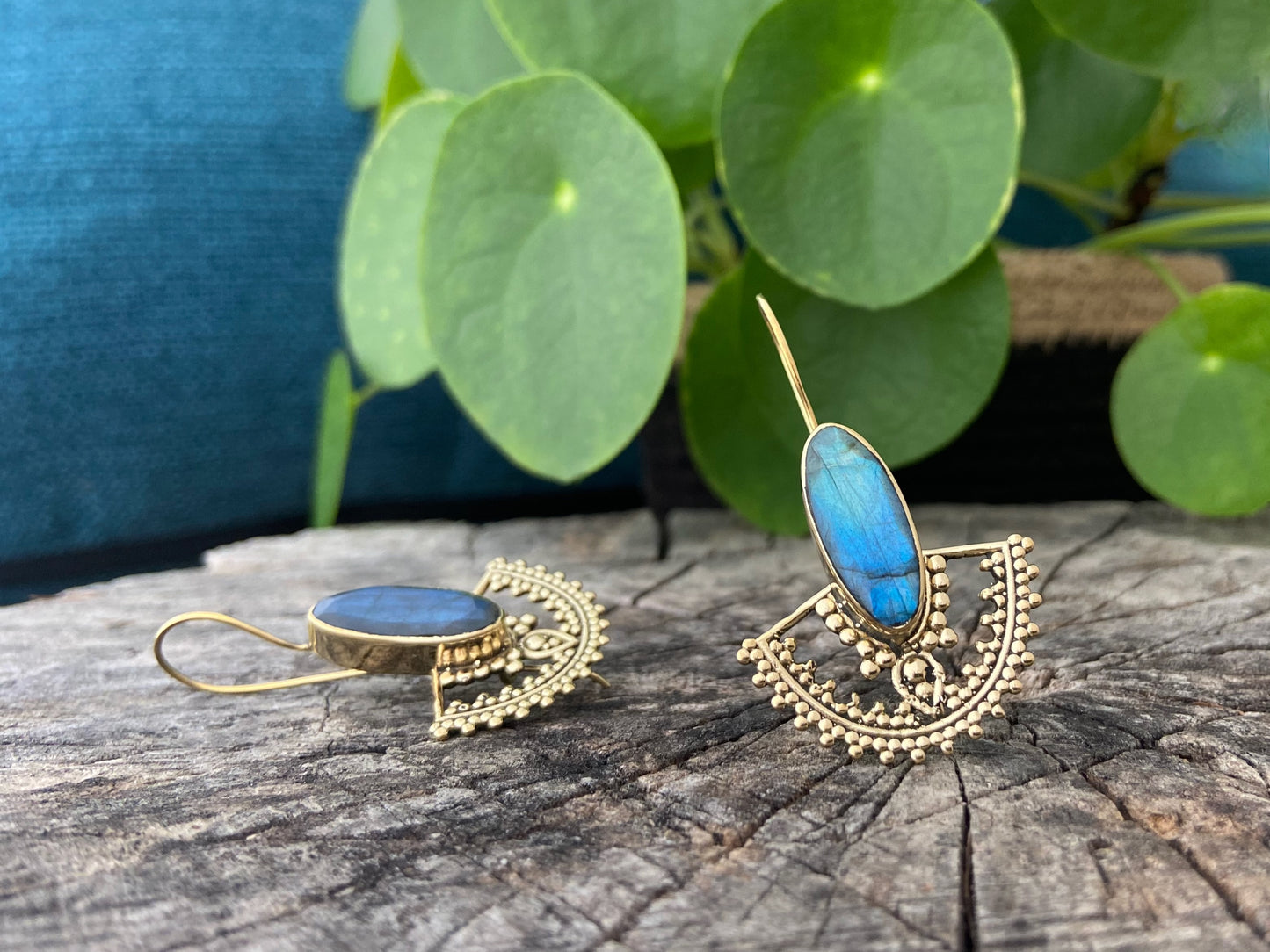 large brass earrings with labradorite stone