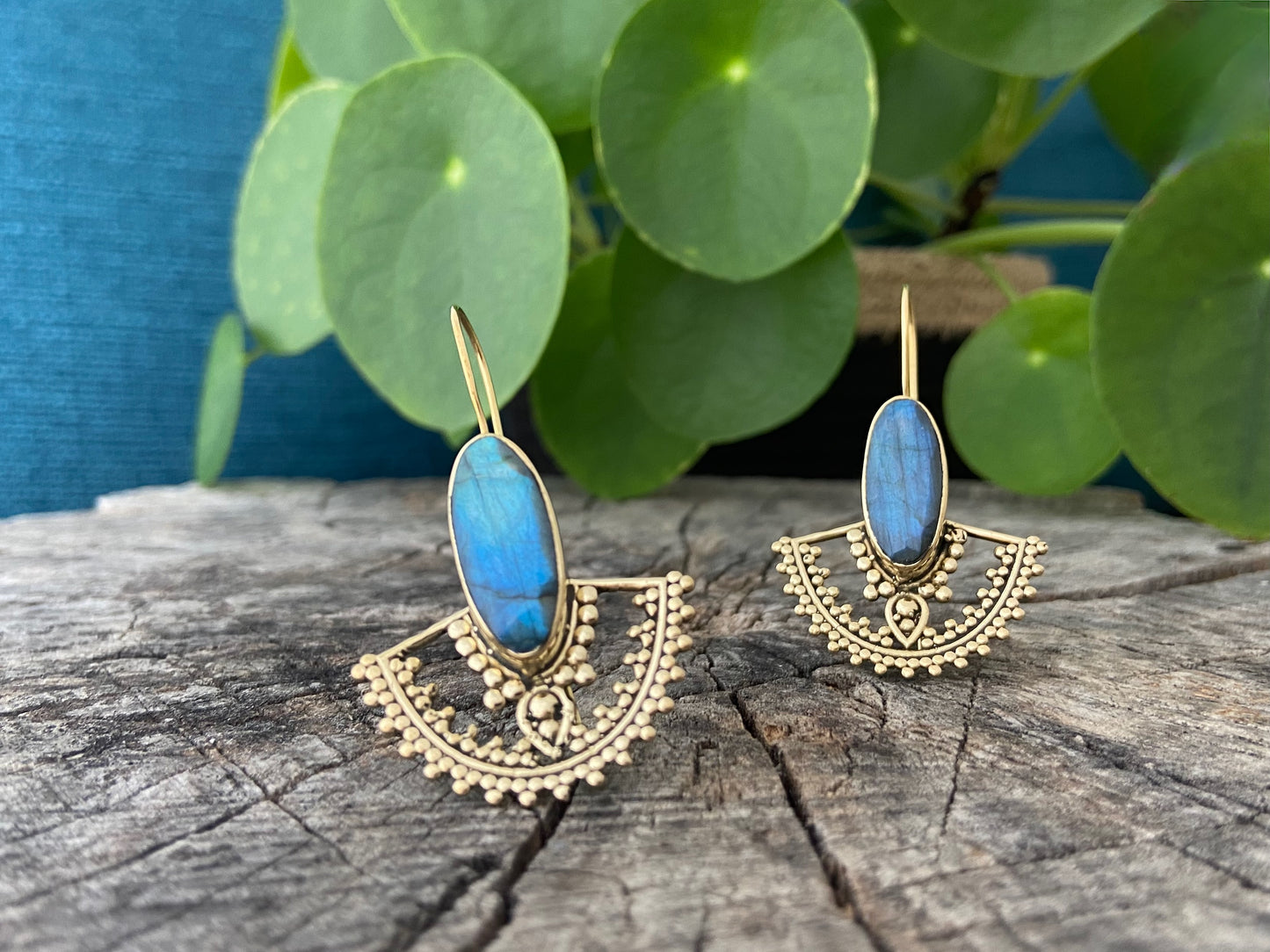 large brass earrings with labradorite stone