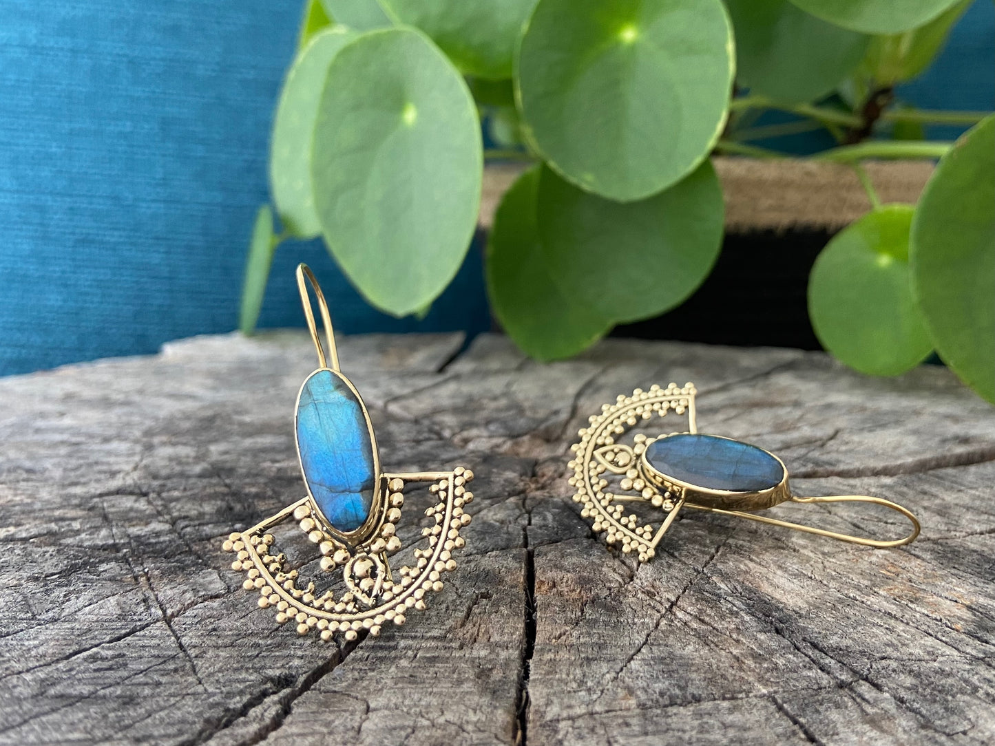 large brass earrings with labradorite stone
