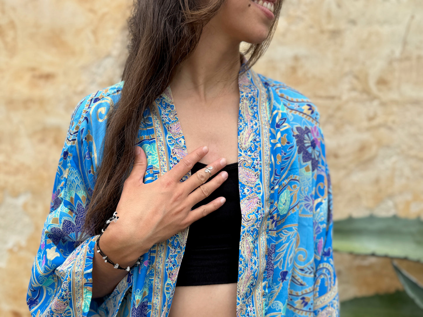 blue orange patterned kimono, blouse, cover-up, light jacket