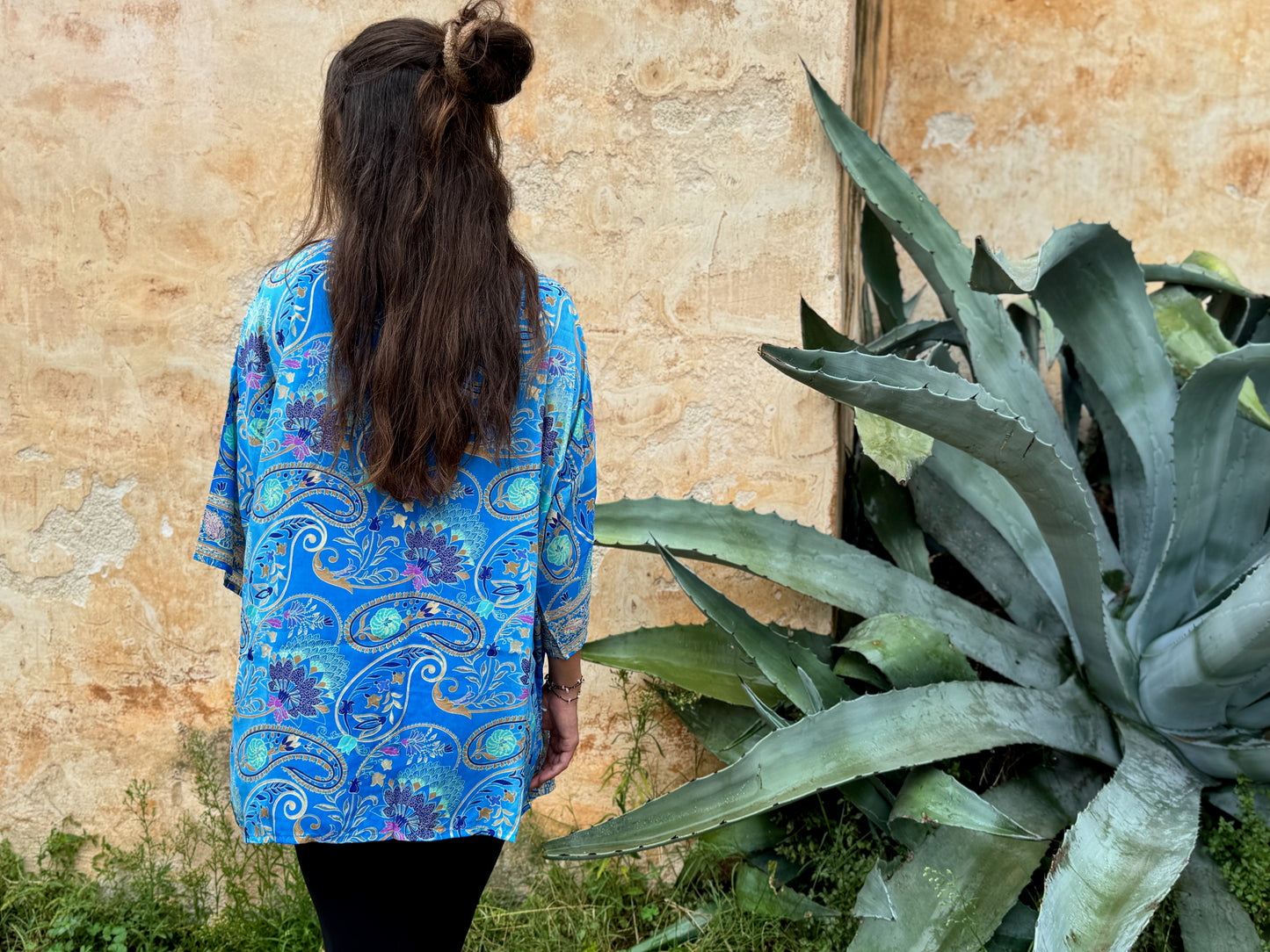 blue orange patterned kimono, blouse, cover-up, light jacket