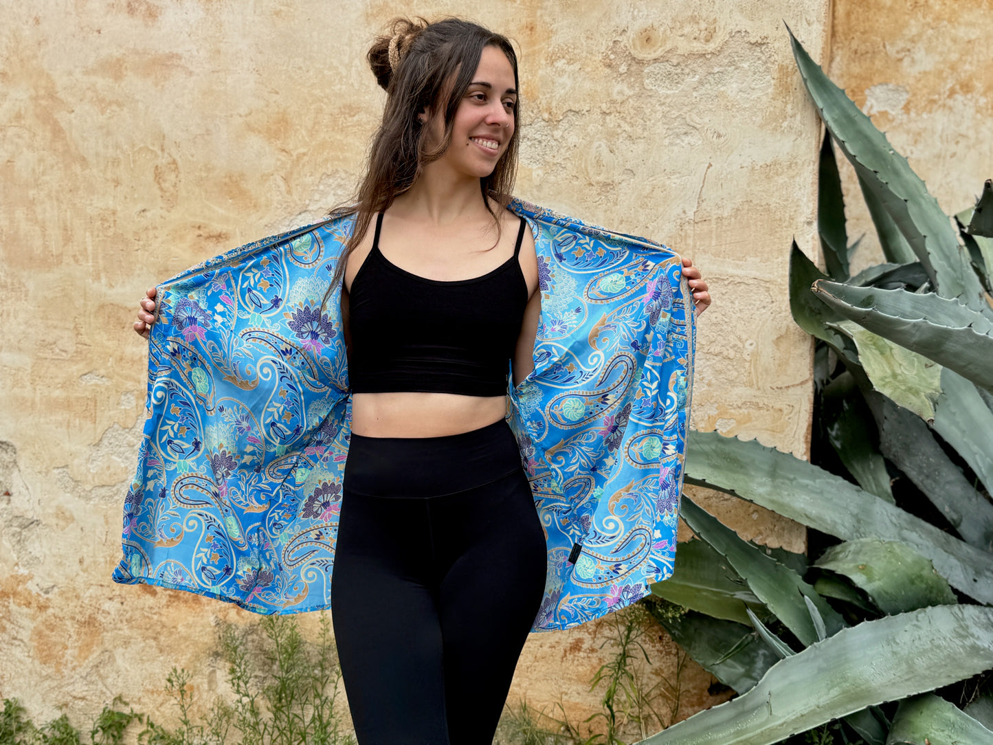 blue orange patterned kimono, blouse, cover-up, light jacket