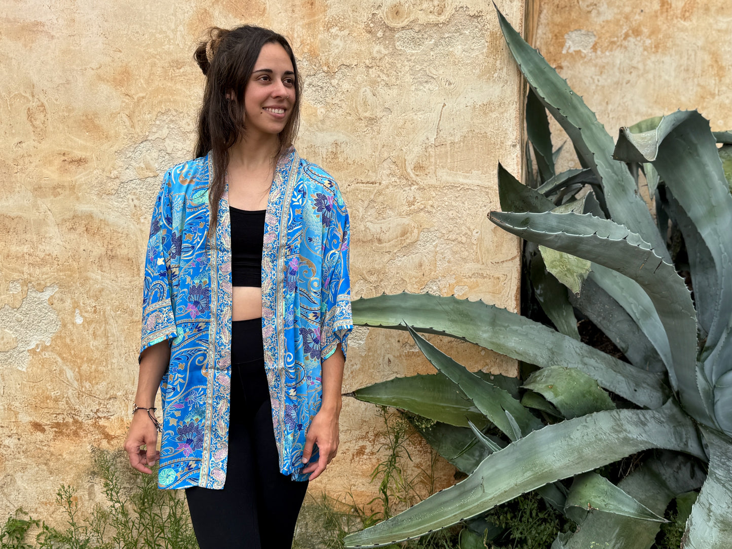 blue orange patterned kimono, blouse, cover-up, light jacket