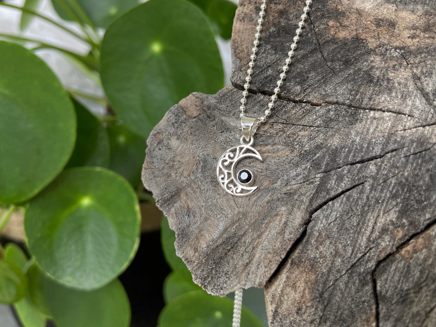 small filigree moon pendant with stone made of silver, crescent moon, moon chain