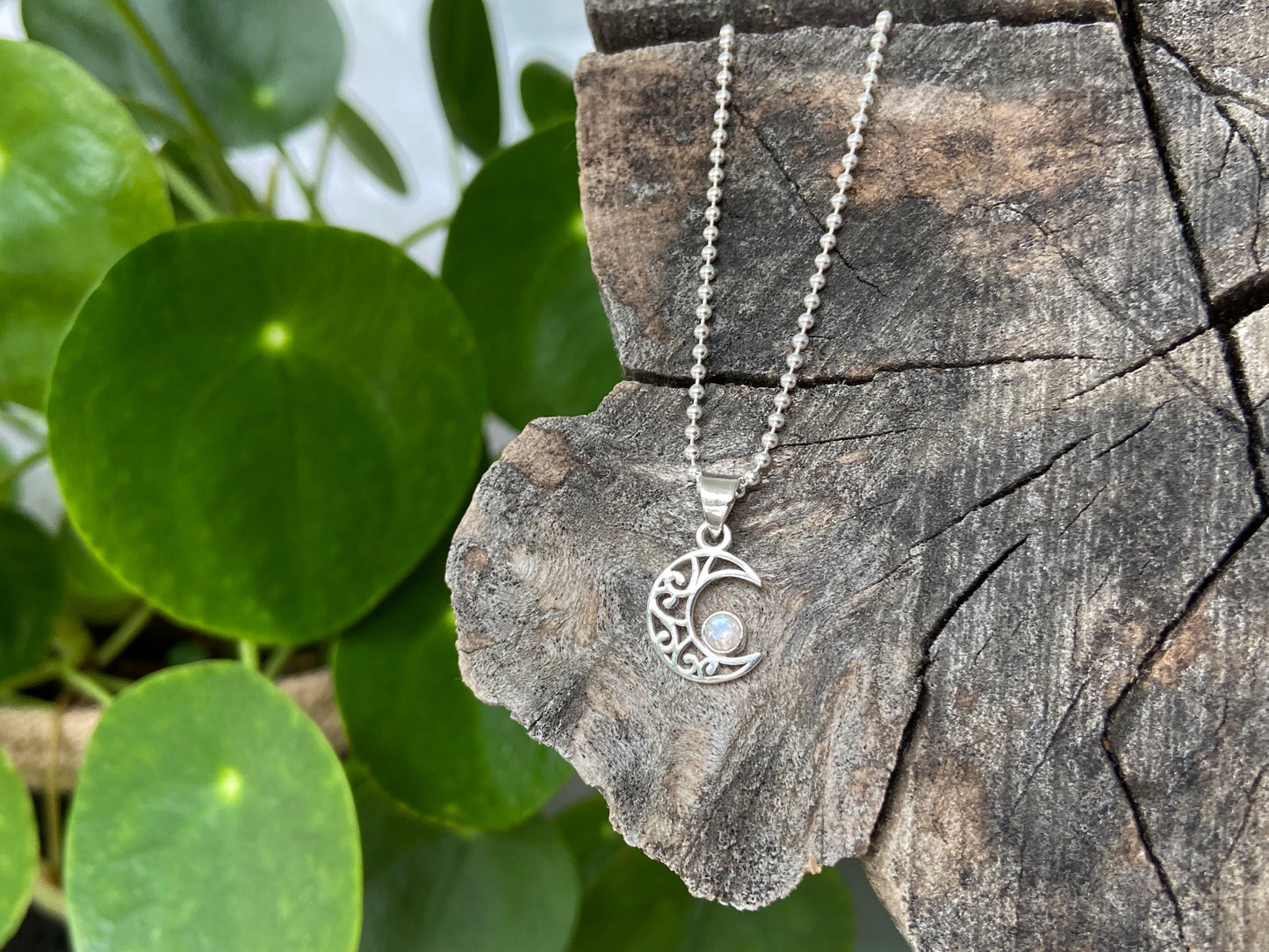 small filigree moon pendant with stone made of silver, crescent moon, moon chain