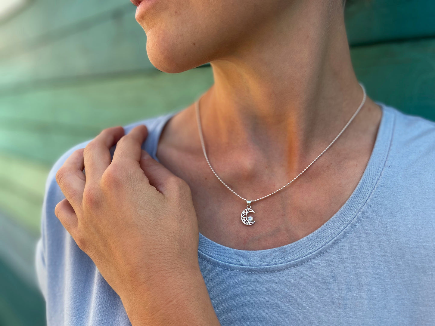 small filigree moon pendant with stone made of silver, crescent moon, moon chain
