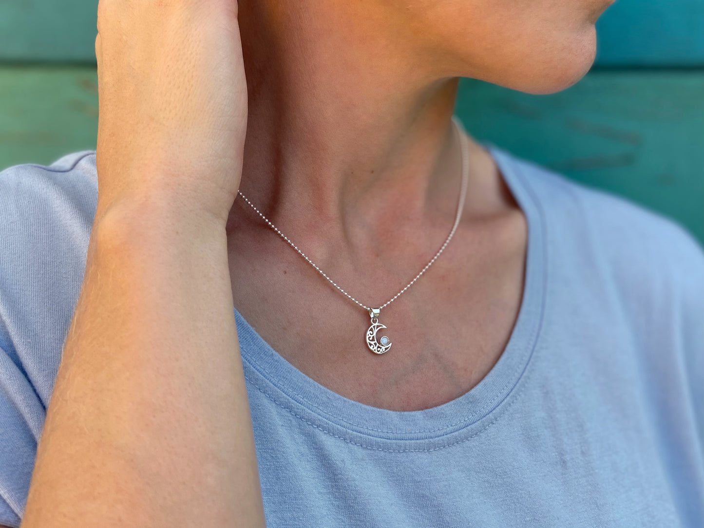 small filigree moon pendant with stone made of silver, crescent moon, moon chain