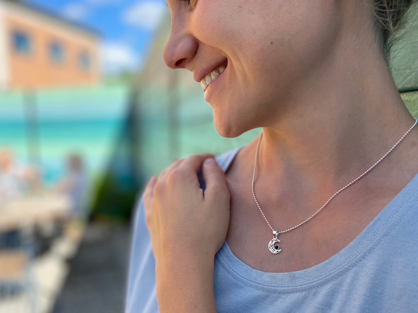 small filigree moon pendant with stone made of silver, crescent moon, moon chain