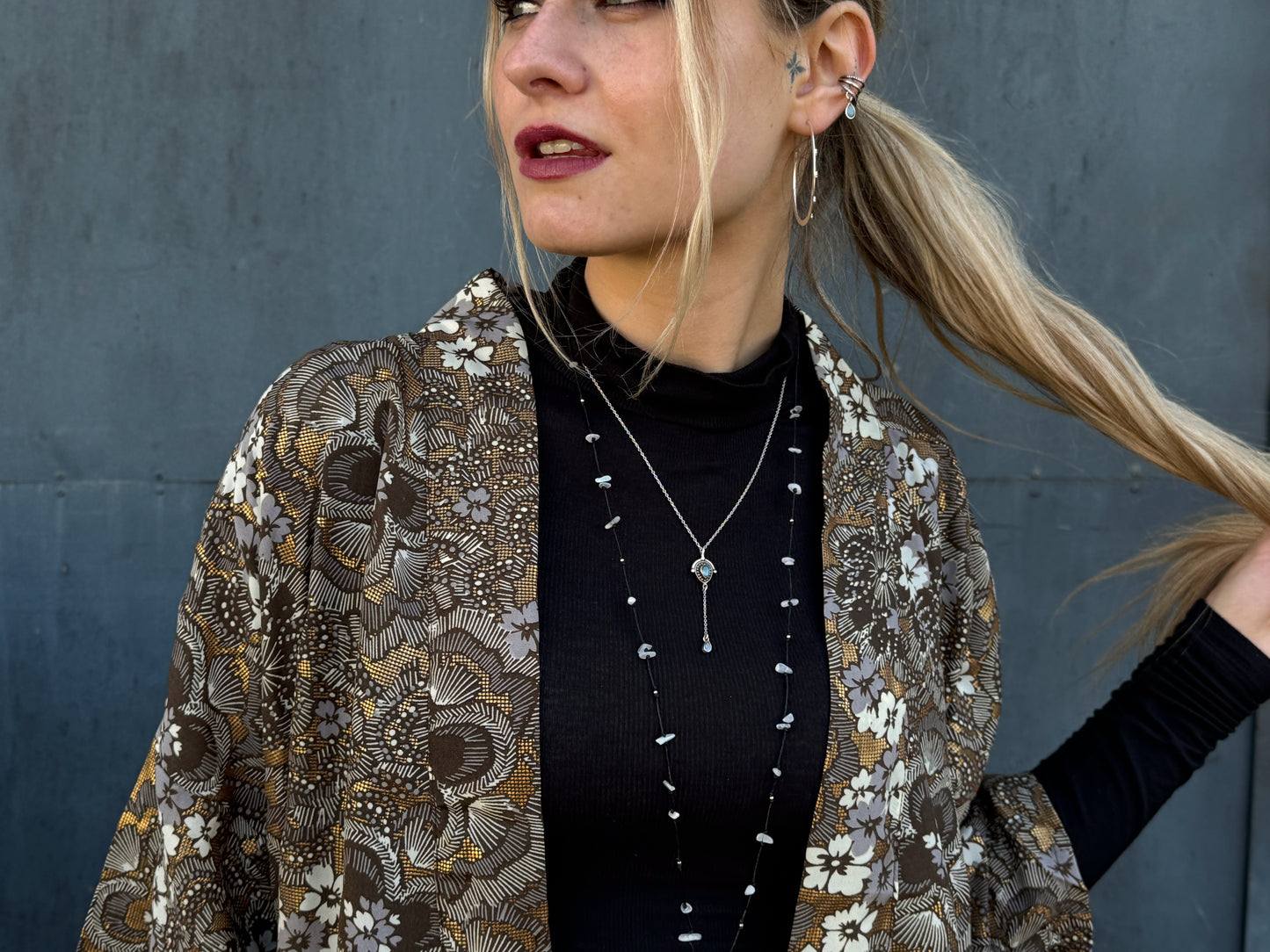 braun gold floral gemusterter Kimono, Bluse, Überwurf, leichte Jacke