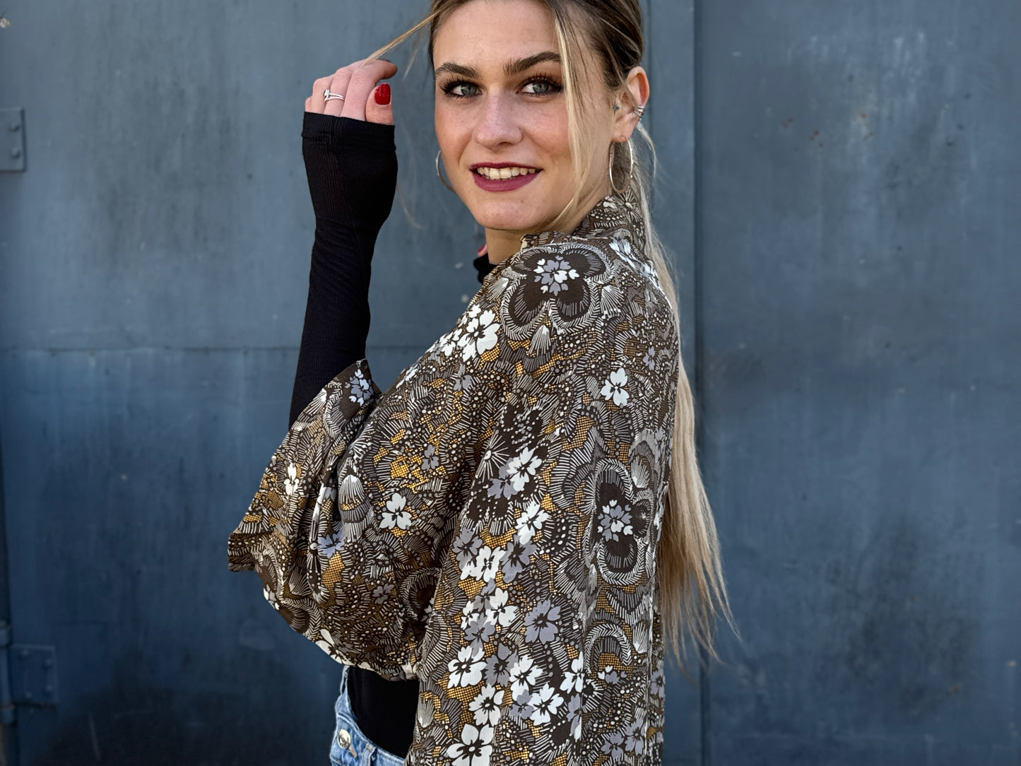 braun gold floral gemusterter Kimono, Bluse, Überwurf, leichte Jacke
