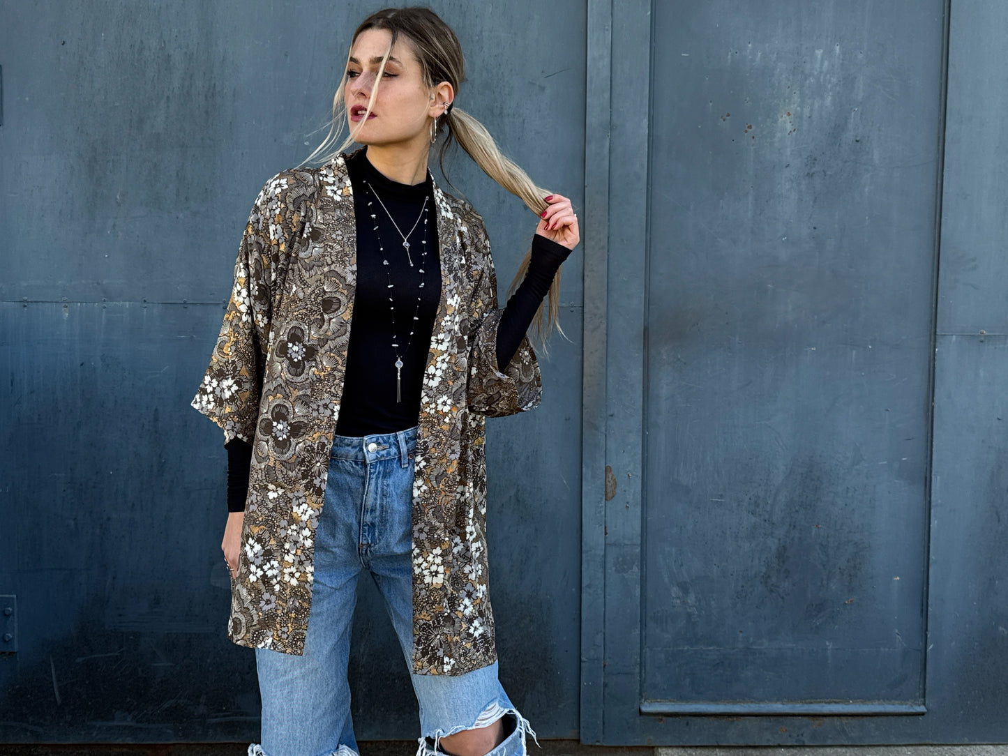braun gold floral gemusterter Kimono, Bluse, Überwurf, leichte Jacke