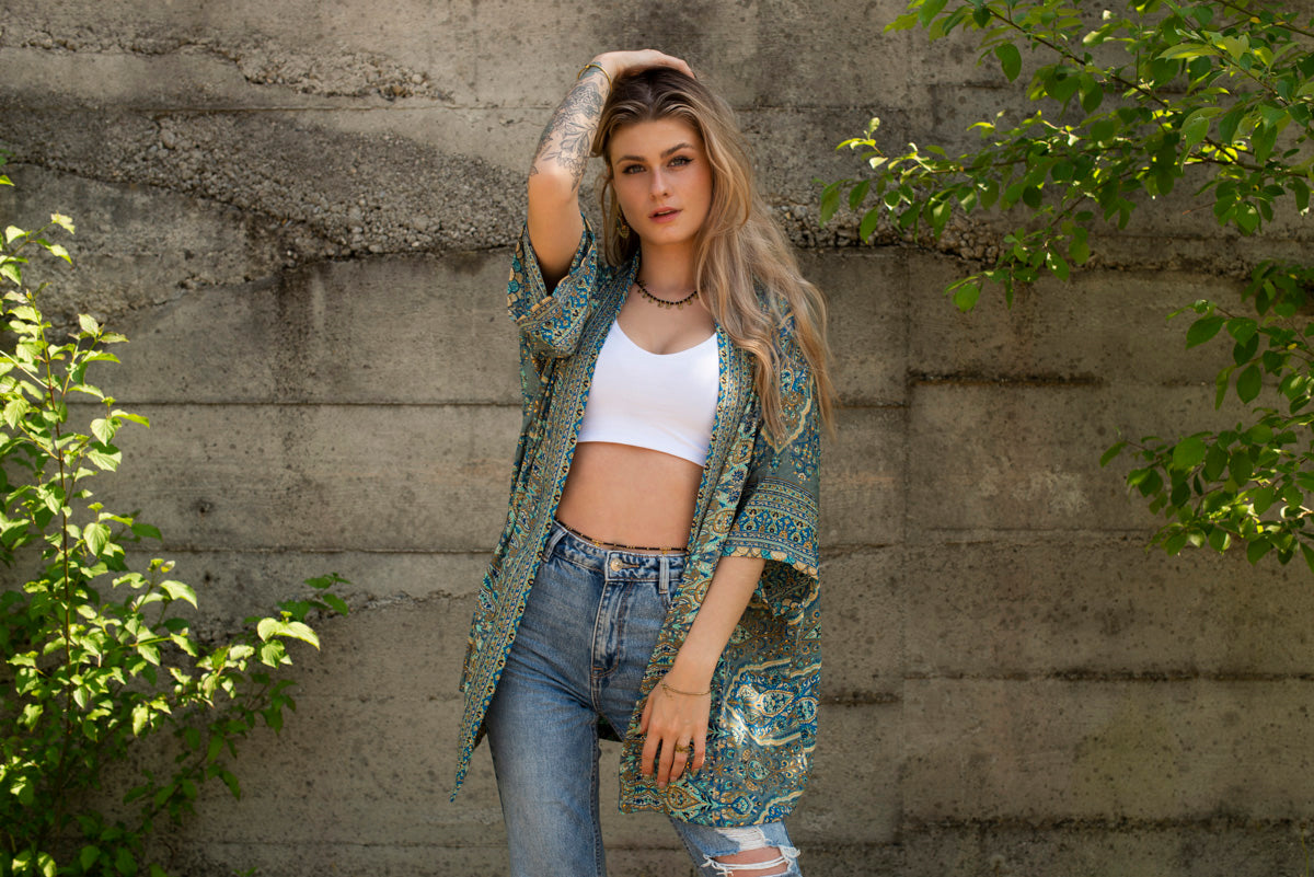 blue patterned kimono, blouse, cover-up, light jacket