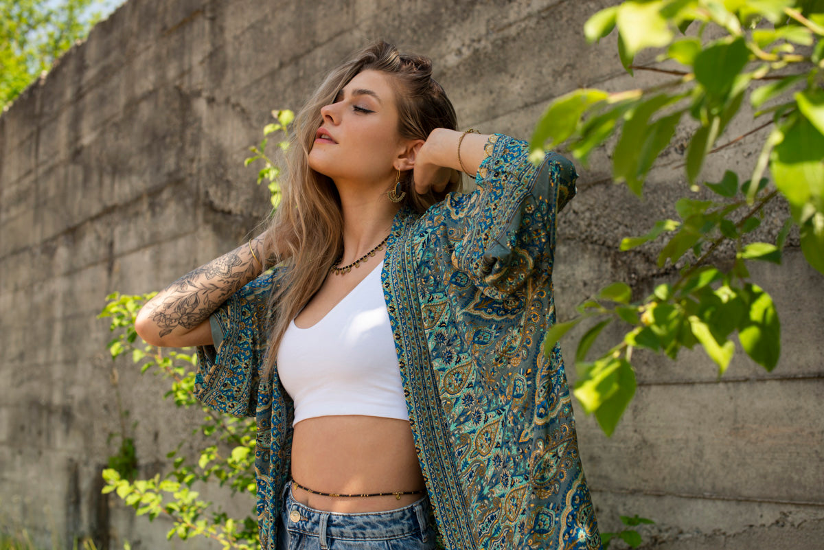 blue patterned kimono, blouse, cover-up, light jacket