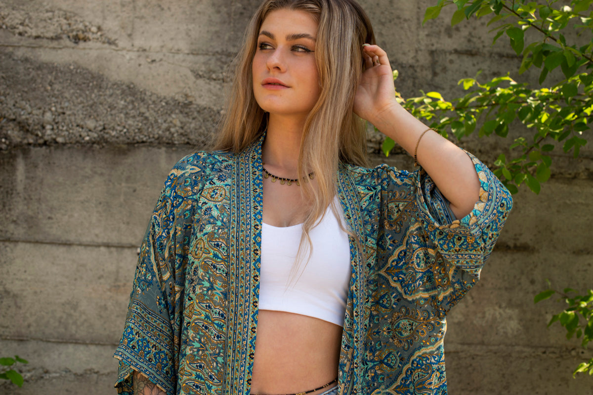 blue patterned kimono, blouse, cover-up, light jacket