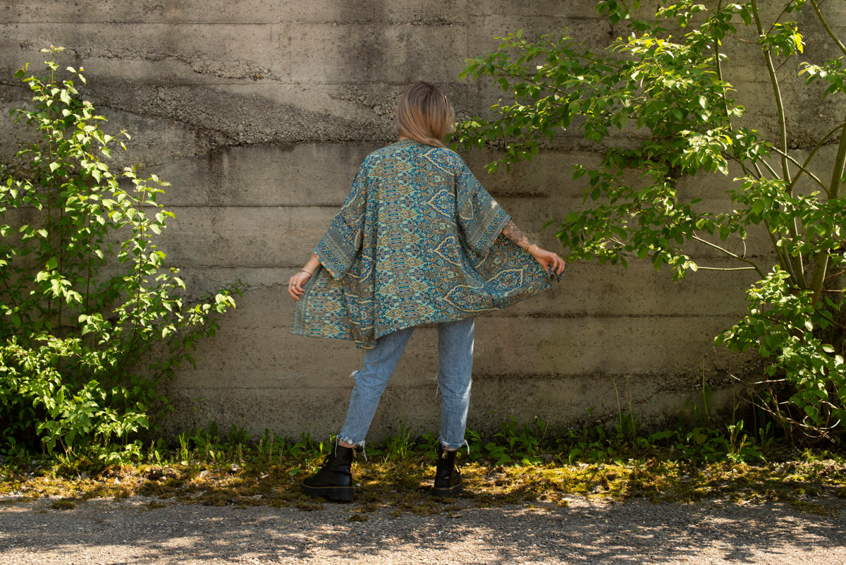 blue patterned kimono, blouse, cover-up, light jacket