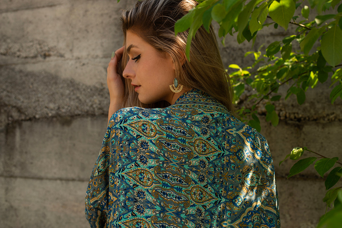 blue patterned kimono, blouse, cover-up, light jacket