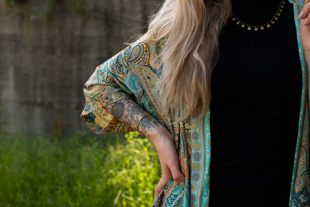 colorful patterned kimono, blouse, cover-up, light jacket