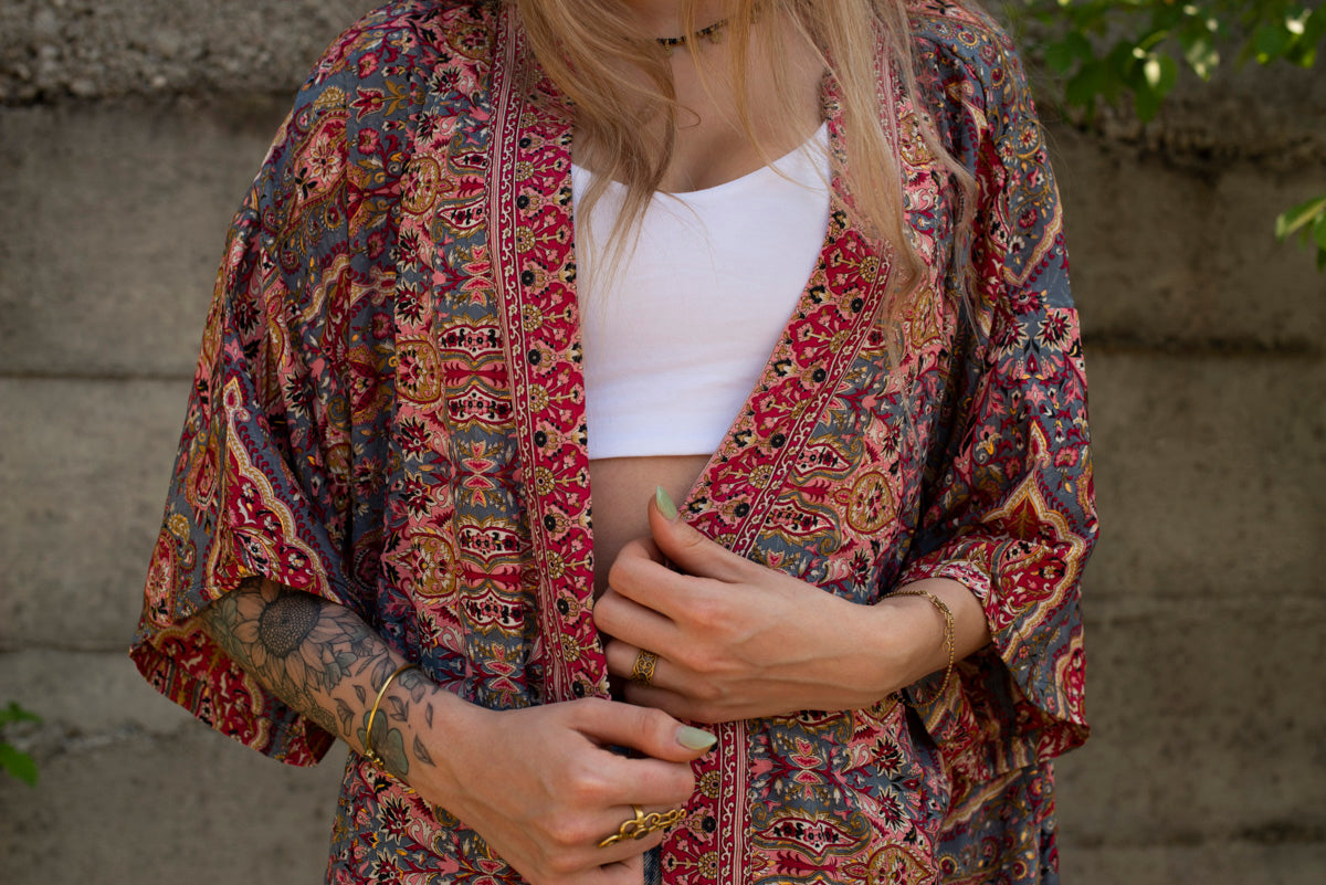 red patterned kimono, blouse, cover-up, light jacket