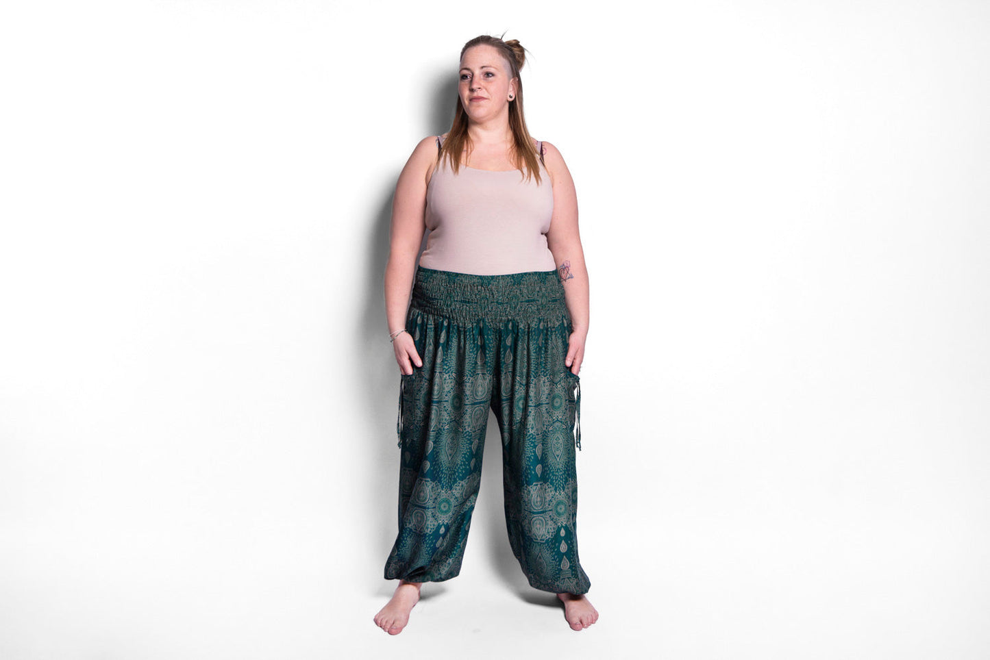 PLUS SIZE harem pants with a delicate pattern in turquoise