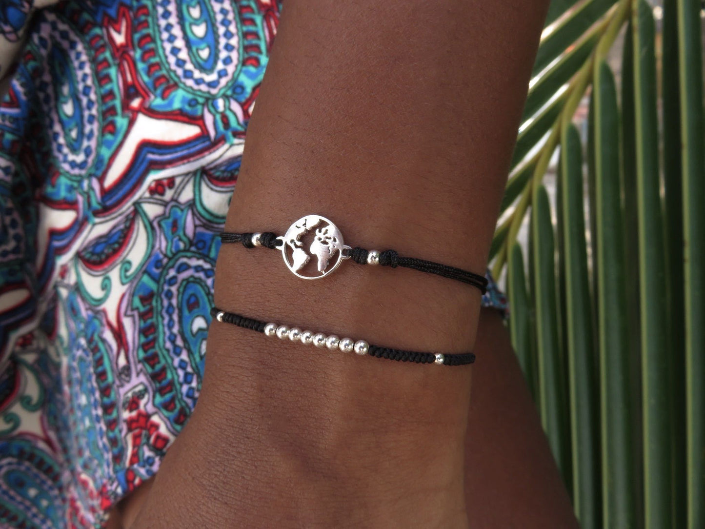 Bracelet set world map made of silver in black or turquoise