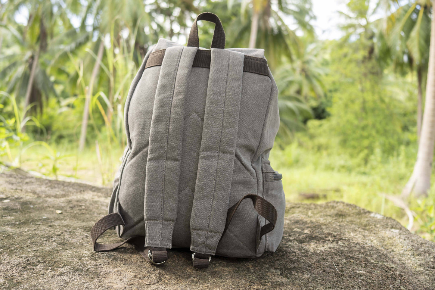 large casual canvas backpack with straps in gray