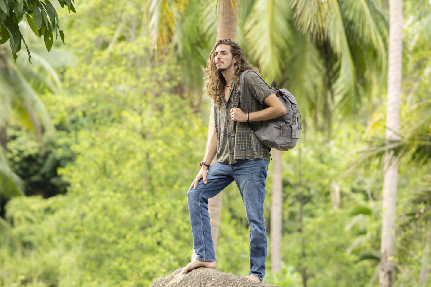 large casual canvas backpack with straps in gray