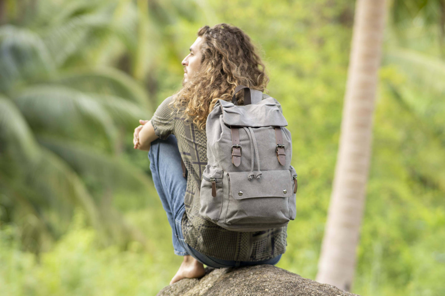 large casual canvas backpack with straps in gray
